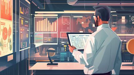  Businessman utilizing AI technology for data analysis in diverse environments such as a coffee shop, park, and library, showcasing the versatility and adaptability of AI in real-time data analytics, 