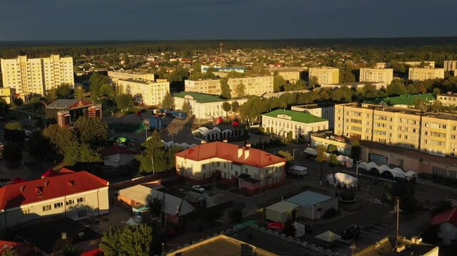 Aerial view of a vibrant urban landscape with thriving residential and commercial buildings. Belarus, Dobrush town