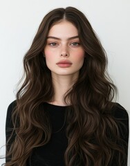 Fototapeta premium Model with Long Brown Hair and Wavy Texture, Frontal View Generative AI