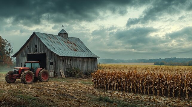 Old barn and tractor next to a cornfield in a rural farming setting under cloudy skies