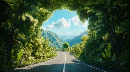 Fototapeta premium 3d illustration of road around earth globe,Asphalt Road Circles earth,The road through the green forest, going through the forest to earth, Aerial top view forest,green grass field forward to globe.