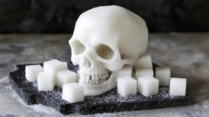 Sugar skull art design with sugar cubes on a dark stone surface. Diabetes mellitus and the harm of sugar abuse