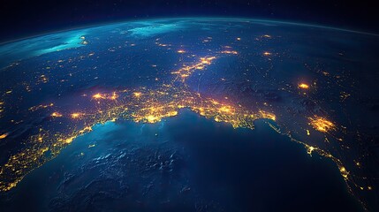 Fototapeta premium A satellite night view of the Middle East showcases city lights on a map.