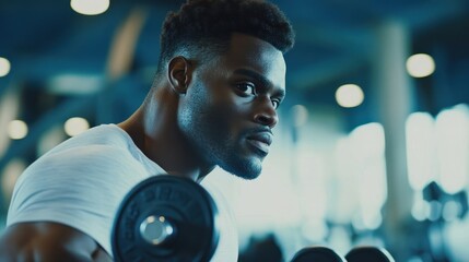 Close-up of a young African American man lifting weights at the gym.