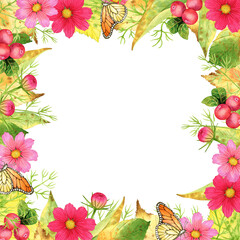 Autumn watercolor png illustration: elegant frame, square floral composition. Hand drawn isolated object on a transparent  background.  Element for design pattern, invitation, textile, card, scrapbook