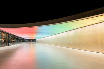 Modern architectural corridor with vibrant ceiling lighting at night in a public space