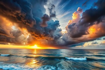 Fototapeta premium Stormy sky at sunrise over ocean with tilted angle, dramatic clouds
