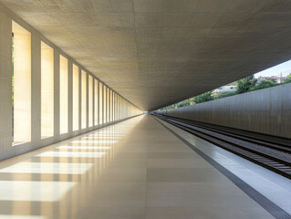 Obraz premium Modern railway station platform with minimalist design and natural light in an urban setting