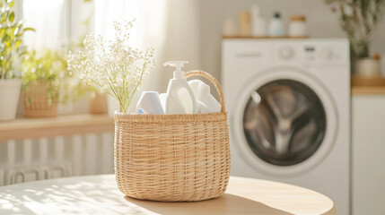 Fototapeta premium A woven basket filled with laundry detergents and bouquet of flowers sits on table in bright, airy laundry room. sunlight streams in, creating warm and inviting atmosphere