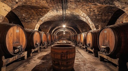 wine cellar with barrels of wine