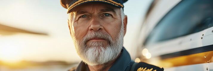 Experienced pilot with distinguished look, wearing cap and uniform, stands confidently near an aircraft during sunset. His expression reflects pride and dedication to aviation
