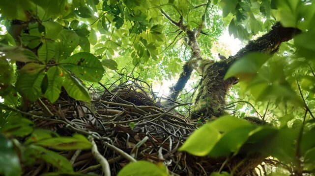 A birds nest is nestled high in the branches of a tall tree, surrounded by the lush green foliage of a dense forest, Nesting in a tall tree in a lush forest