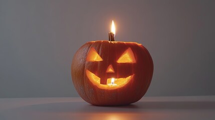 A comedic Jack O Lantern with a lit candle within, isolated against a white backdrop, ready for Halloween festivities. 