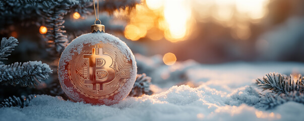 Christmas bauble with bitcoin symbol in snowy winter scenery. Banner with copyspace. shallow depth of field.