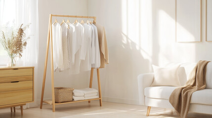 A cozy and bright interior featuring wooden clothing rack with neatly hung garments, complemented by soft sofa and natural light streaming through window. warm tones create serene atmosphere