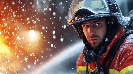 Courageous firefighter wearing protective gear and helmet fights a raging fire with a high pressure hose amidst a dramatic sci fi inspired night scene with a tetradic color scheme