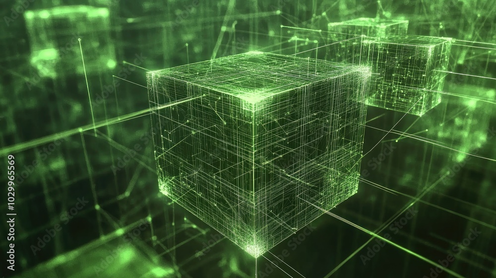 Poster green glowing cubes linked by thin lines, symbolizing data transfer and network connections in an ab