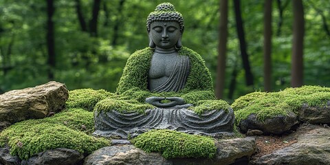 Fototapeta premium A statue of Buddha covered in green moss meditates in the woods, representing a mystical connection to nature.