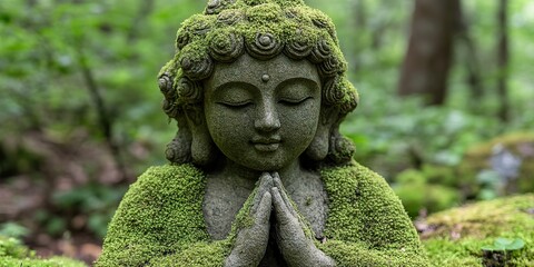 Obraz premium A statue of Buddha covered in green moss meditates in the woods, representing a mystical connection to nature.