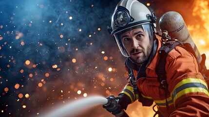 Obraz premium Heroic firefighter operating a high pressure hose to extinguish a raging futuristic looking fire under the night sky showcasing the quick action and bravery of emergency responders during a crisis
