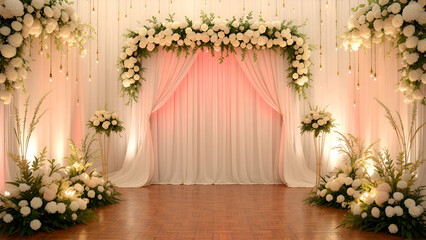A wedding ceremony backdrop featuring white fabric curtains and a floral arch adorned with white flowers and greenery. The backdrop is illuminated with warm lights and has a wooden floor.