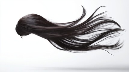 A long, straight wig flies in mid-air, exploding outwards. A brunette woman's wig floats weightlessly, its hair billowing like a cloud blown by the wind