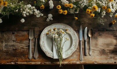 Rustic table setting with wild flowers and vintage cutlery