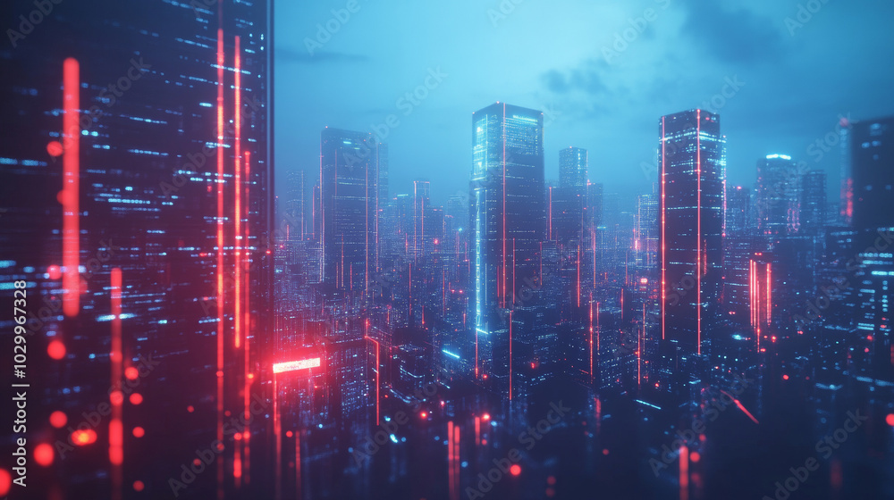Poster a futuristic city with buildings connected by a network of light and data. the city uses cloud compu