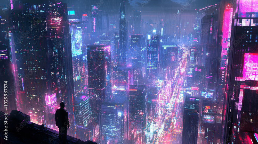 Poster a futuristic city with buildings connected by a network of light and data. the city uses cloud compu