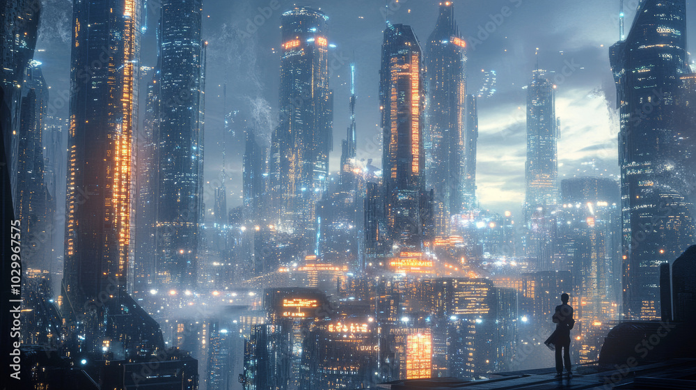 Poster a futuristic city with buildings connected by a network of light and data. the city uses cloud compu
