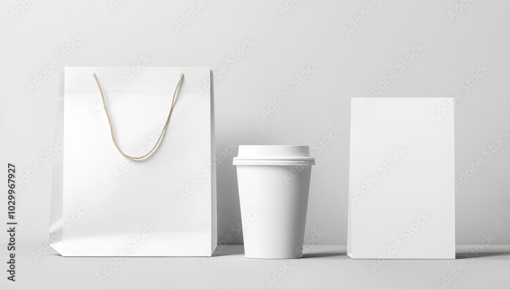 Wall mural minimalist set of white blank branding mockup for coffee shop as shopping bag and paper coffee cup