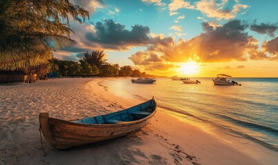 View of beach and boats in Grand Bay at golden hour