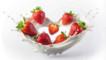 Strawberry milk splashing heart shape, strawberries, fresh milk, white background