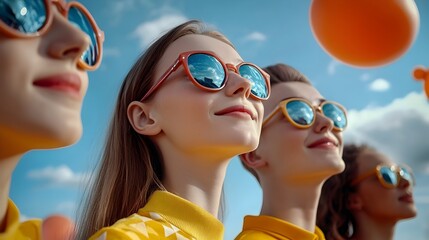 Group of young people in sunglasses laughing and celebrating at a vibrant lively festival surrounded by colorful digital binary inspired decor capturing the energy and excitement of the event