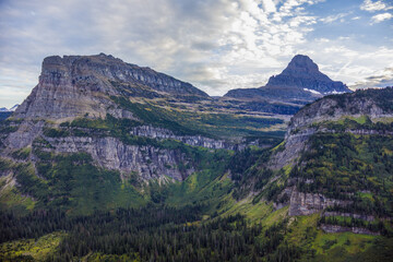 Mountainous landscape at dusk in Glacier NP