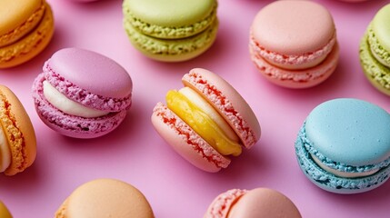 Fototapeta premium Colorful macarons arranged on a pink backdrop for dessert lovers