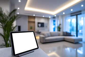 Blank screen tablet on counter in modern living room