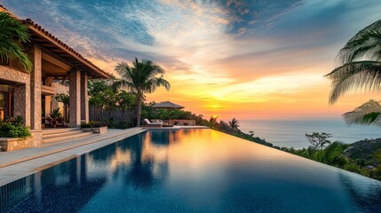 Fototapeta premium Sunset view from a luxurious villa pool overlooking the ocean