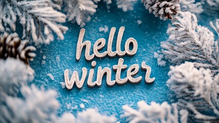 Hello winter greeting with pine branches on snow-covered surface