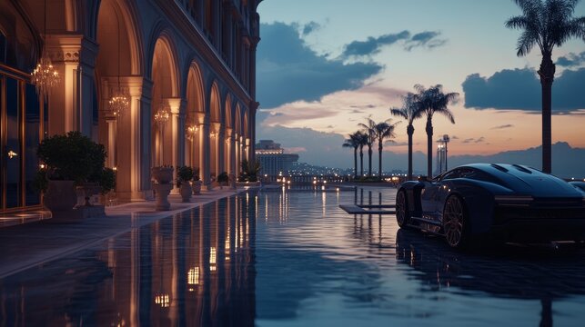 Luxurious car parked by a serene pool at sunset near the mountains