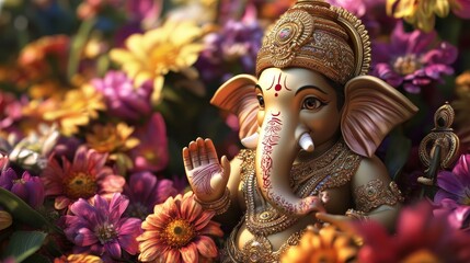 Fototapeta premium Colorful festival display of Ganesh surrounded by vibrant flowers