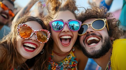 A group of young friends in sunglasses laughing and celebrating at a colorful outdoor festival soaking up the bright sunshine and futuristic tetradic color scheme  The scene exudes a carefree