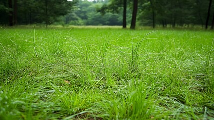 Green grass field in a forest with trees in the background
