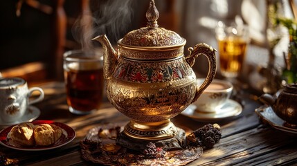 Fototapeta premium Traditional tea setup with ornate kettle and refreshments at afternoon