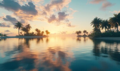Serene tropical lagoon at sunrise, with calm waters reflecting the sky and palm trees lining the shore