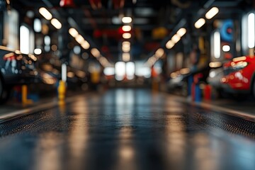 Blurred auto shop with shiny floor. Perfect for car repair, maintenance, or service industry advertising.