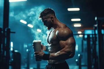 Muscular man holding a protein shake. This photo illustrates the importance of protein for muscle growth and recovery.