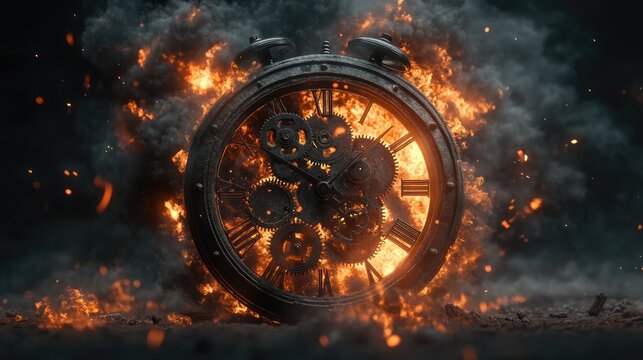 The dramatic moment of a clock exploding, revealing inner gears and glass breaking apart, surrounded by smoke and fire.