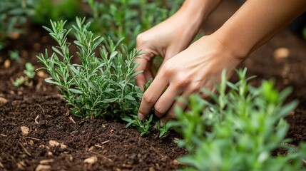Fototapeta premium Closeup of hands planting a small green plant in the soil.