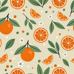 seamless pattern with oranges, green leaves and white flowers in a flat design style. Suitable for textiles, covers, wallpaper, wrapping paper